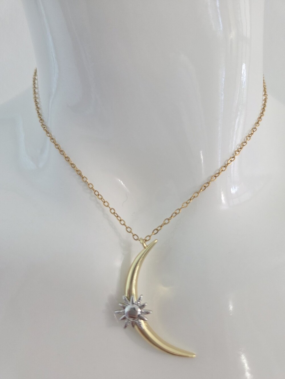 Gold Crescent Moon Sunburst Celestial Pendant Necklace - Picture 15 of 16